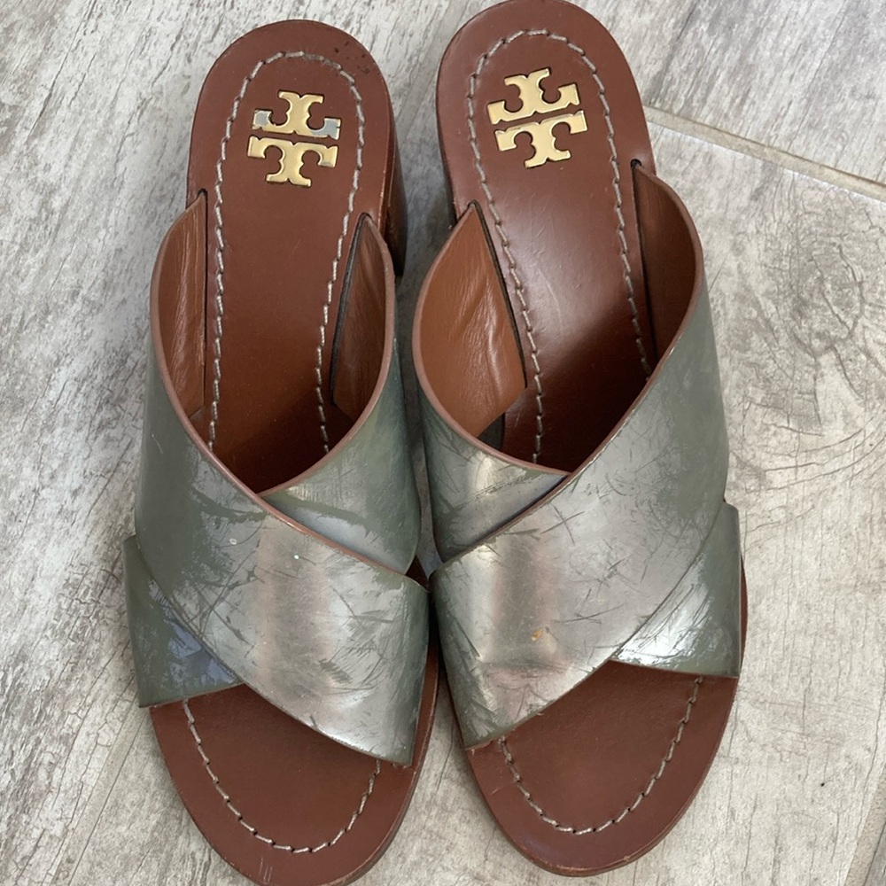 Tory Burch Silver and Brown Sandals with Iconic Logo